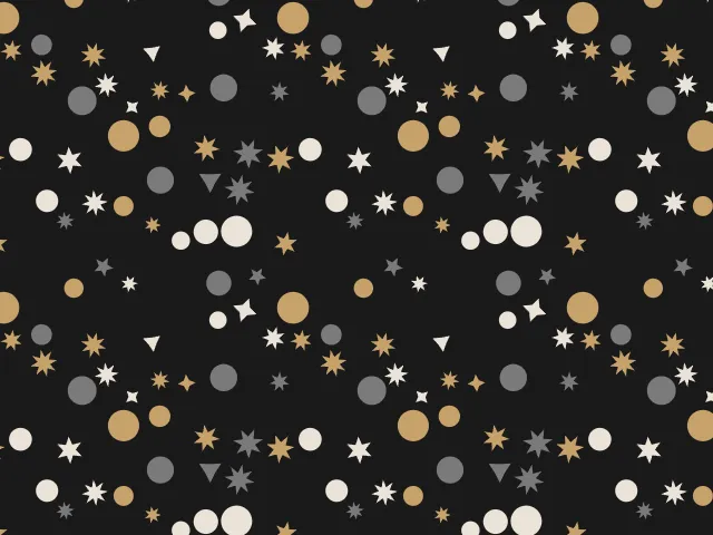 Small gold, grey and white stars and dots on a black background