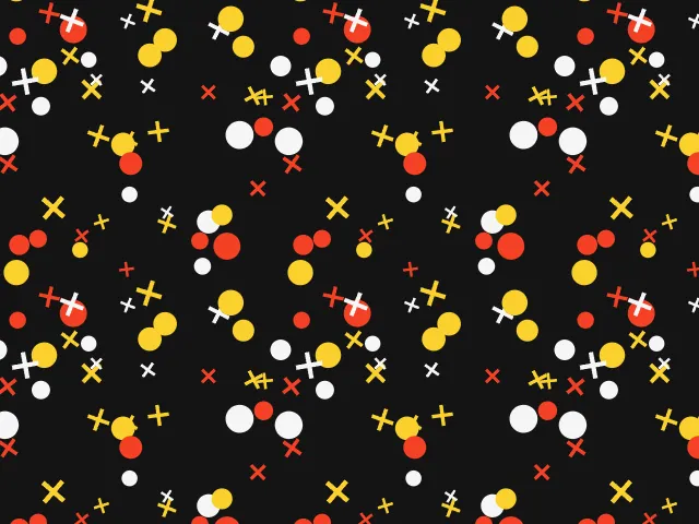 Clustered yellow, red and white dots and crosses on black