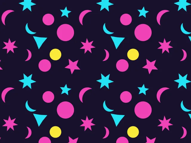Pink and cyan crescents, stars and dots on a dark purple background