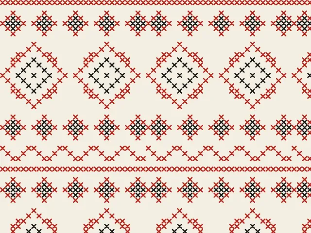 Ряды вышитых крестом узоров красным и чёрным: ромбы с крючками, мелкие кресты, ёлочки и зигзаг на кремовом льне