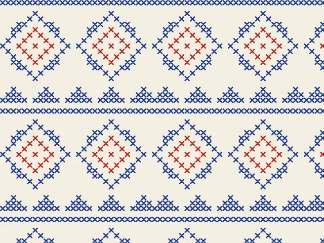 Синие ромбы с красной серединой над рядами ёлочек, разделённые синими линиями, на кремовом льне