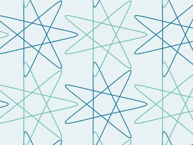 Blue and teal star-shaped loops of a hypotrochoid on a pale background