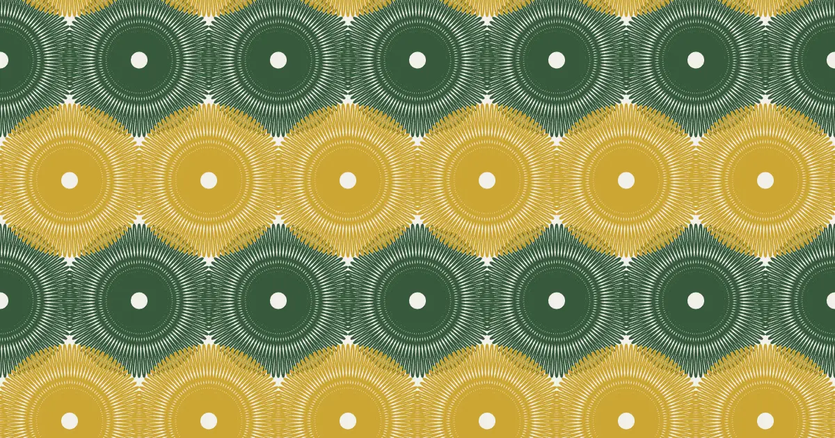 Dense guilloche rosettes in green and gold arranged in rows
