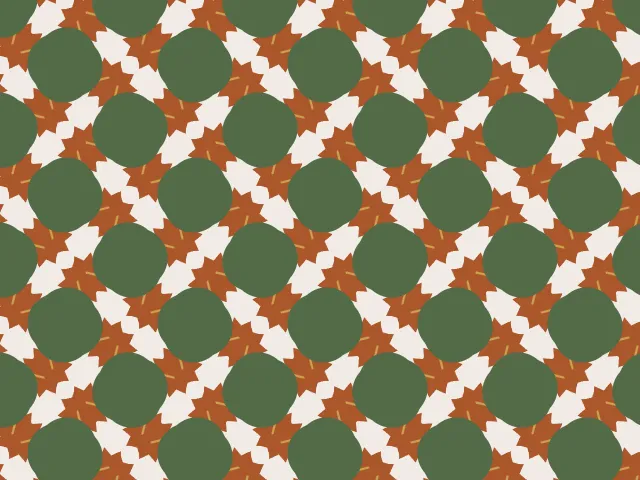 Green discs and terracotta stars on a cream background