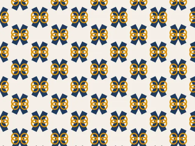 Navy bars crossing in pairs, with amber interlocking rings, on a cream background