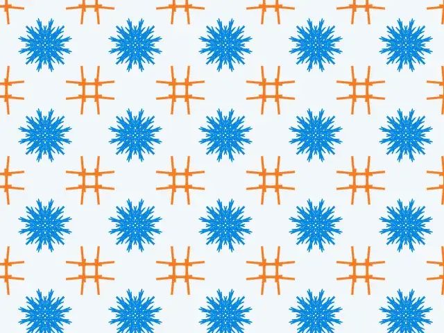 Blue snowflakes alternating with orange crosses on a pale background