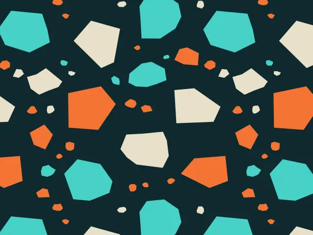 Large angular chips of turquoise, cream and orange on a dark teal ground