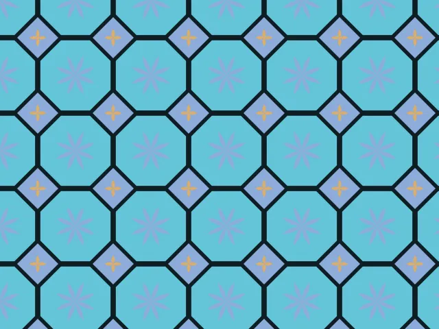 Light-blue octagons and diamonds with dark outlines and small rosettes