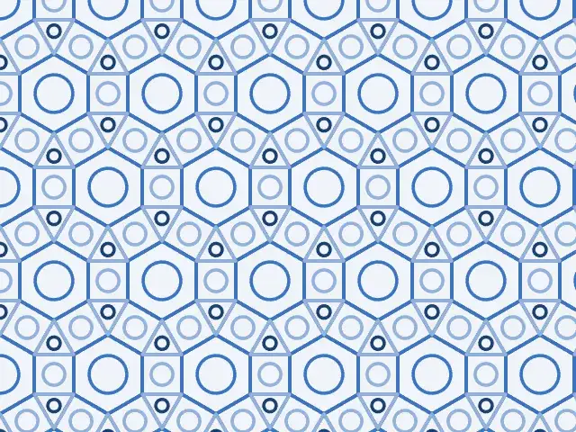 Blue outlines of hexagons, squares and triangles with ring motifs on a pale background