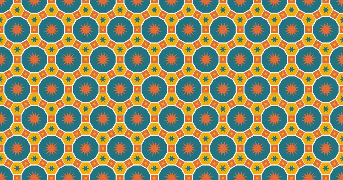 Stars and rosettes in blue, orange and yellow on a 4.6.12 tiling