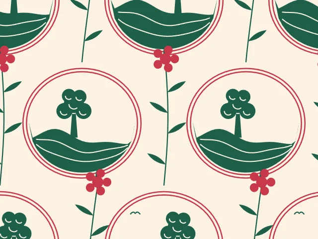 Green toile vignettes with trees, with red frames and flowers on a cream ground