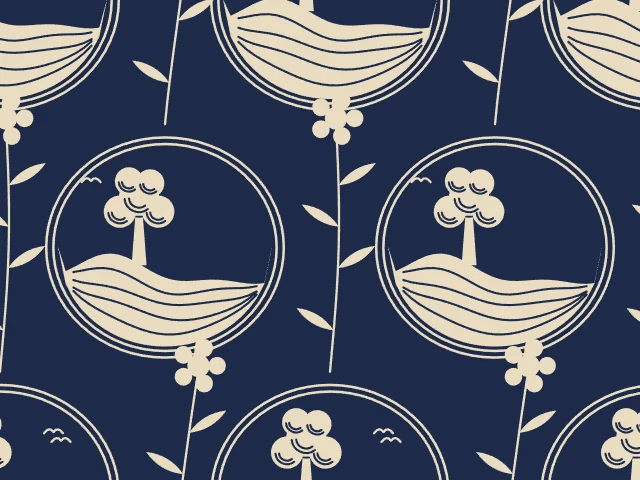 Cream toile vignettes with engraved hills and trees on a navy ground