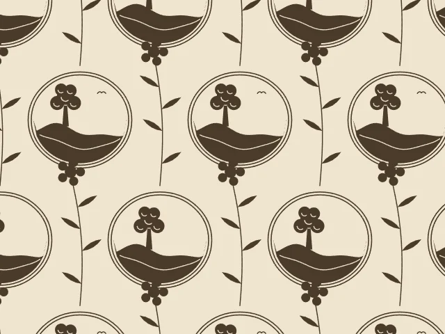 Small sepia toile vignettes with trees between slender sprigs on a beige ground