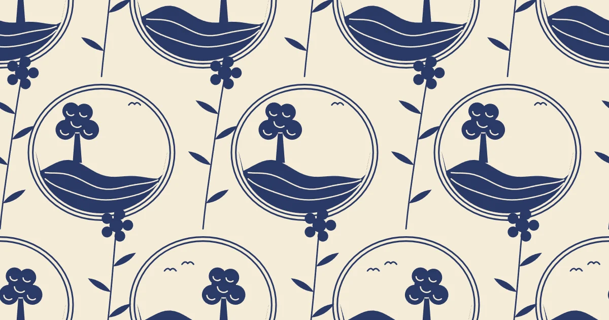 Navy toile vignettes with a tree on a hill, between flowering sprigs on a cream ground
