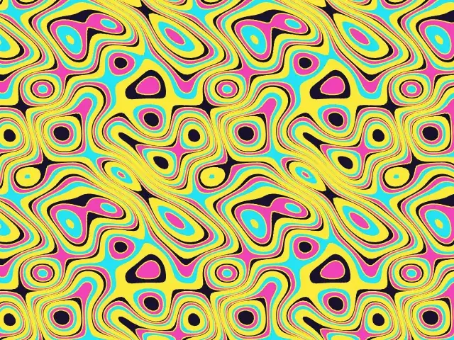Bold contour lines and bands in yellow, pink, cyan and black