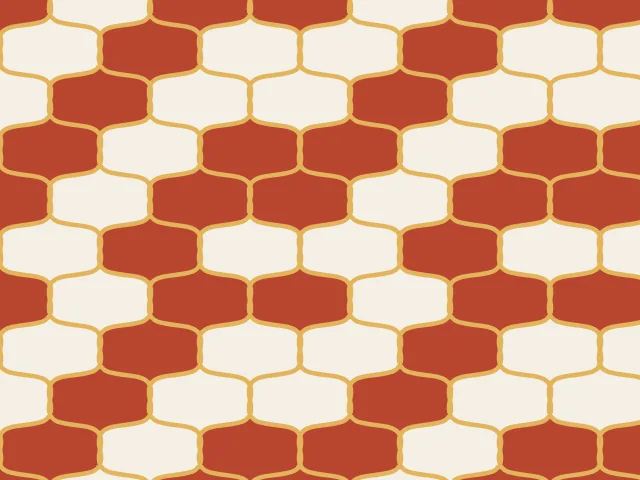 A lattice of S-curved cells outlined in gold and filled in red and cream like a checkerboard