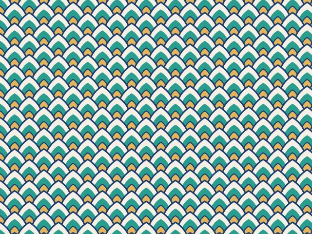 Rows of pointed arches in teal, cream, navy and gold, each with smaller arches inside, laid like fish scales