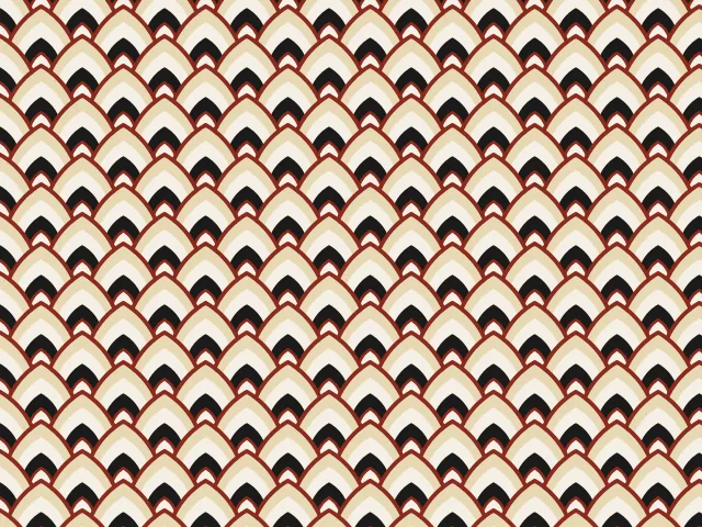 Rows of overlapping pointed arches in brown, cream and black on a sand ground, four arches deep