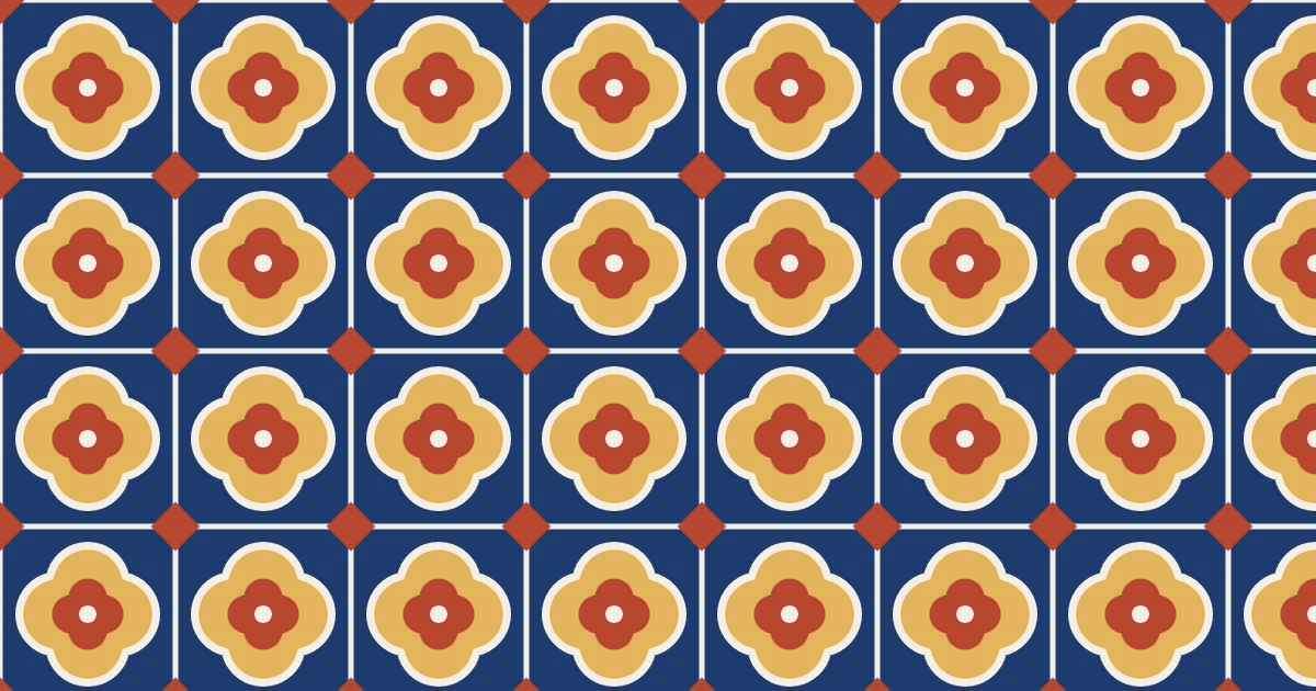 Gold and red four-lobed quatrefoils with cream outlines inside blue square cells, with red diamonds at the corners