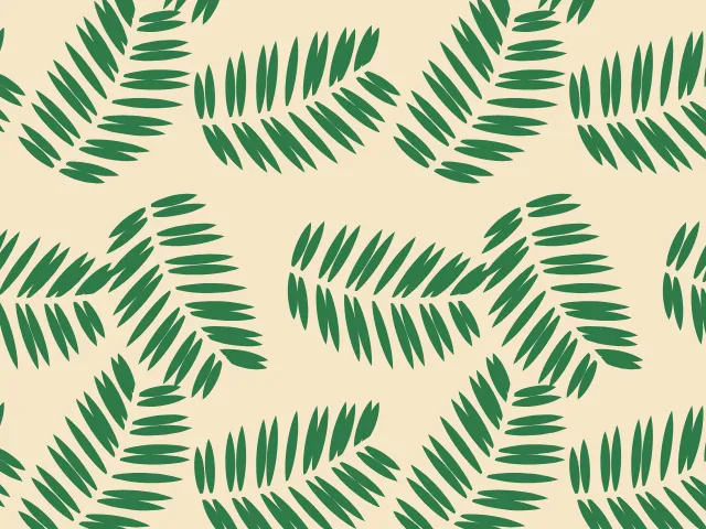 Green palm fronds with narrow leaflets on a sand-colored ground, each turned a different way