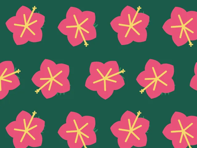 Pink five-petal hibiscus flowers with yellow stamens on a deep green ground