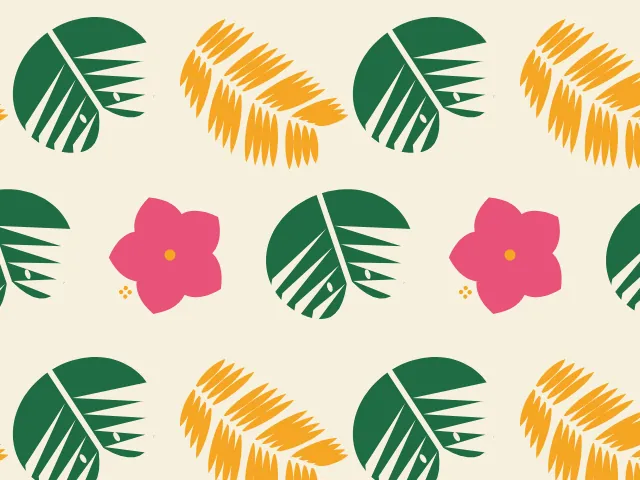 Green monstera leaves, orange palm fronds and pink flowers in turn on a cream ground