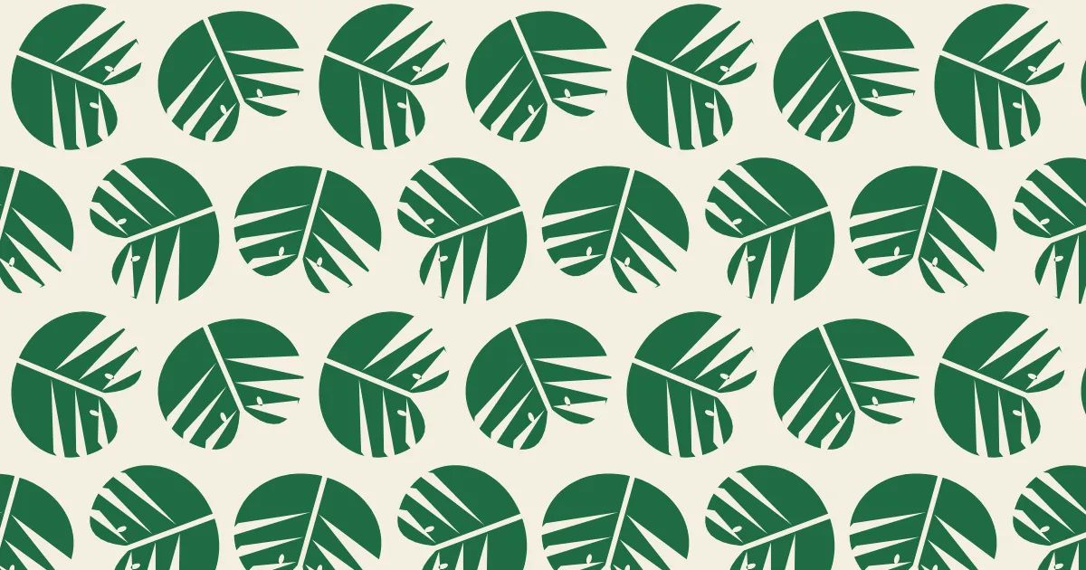 Dark green monstera leaves with deep slits on a cream ground, in rows that are shifted half a leaf