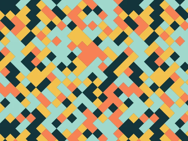 A busy mosaic of teal, mint, gold and coral triangles