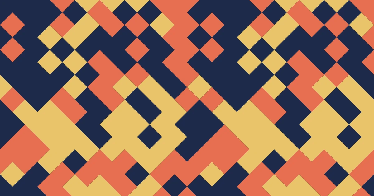 A mosaic of gold, coral and teal triangles forming diamonds on a navy ground