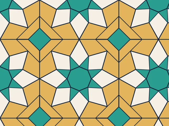 Gold eight-point stars with teal centers and diamonds between them, cream and teal pieces and fine dark grout lines