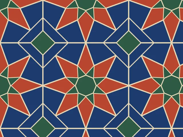 Red and navy eight-point stars with green centers and diamonds on a pale grout, with thin cream joints