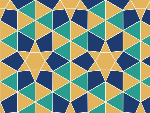 Navy pentagons and teal and gold triangles arranged around six-point stars on a pale grout