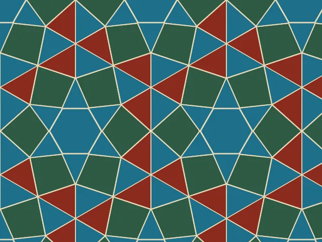 Dark red and green pieces around turquoise hexagons and triangles, with thin cream grout