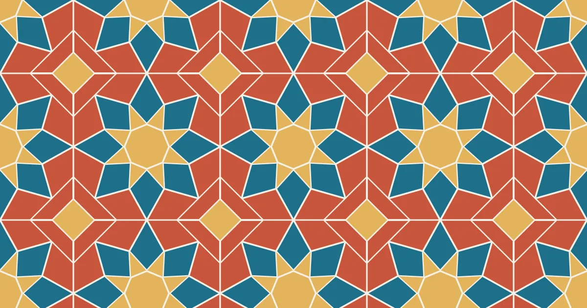 A mosaic of a cream-and-teal eight-point star pattern in terracotta, gold and turquoise pieces separated by thin pale grout lines
